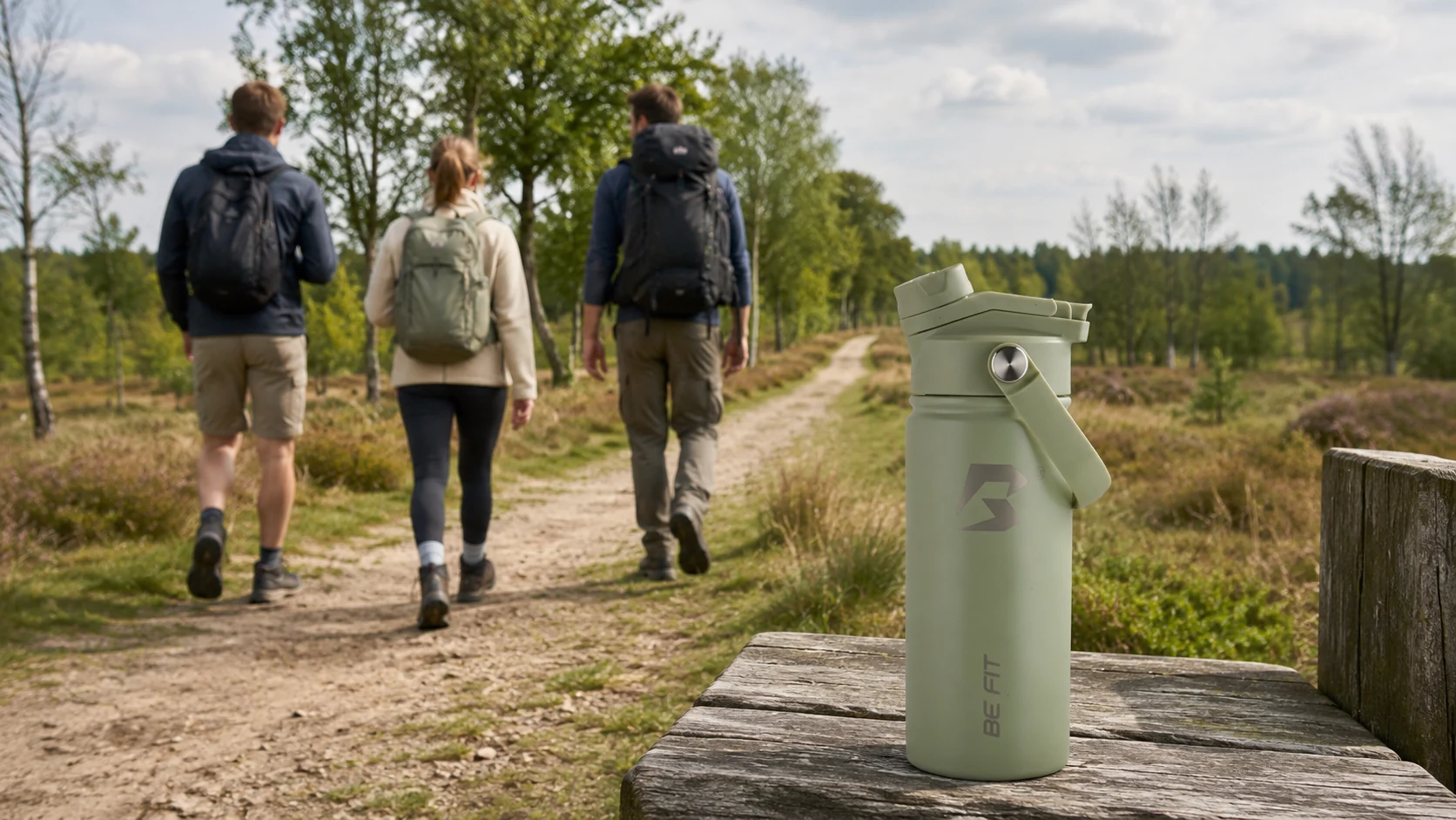 Drie wandelaars met verschillende soorten rugzakken op een Nederlands natuurpad.