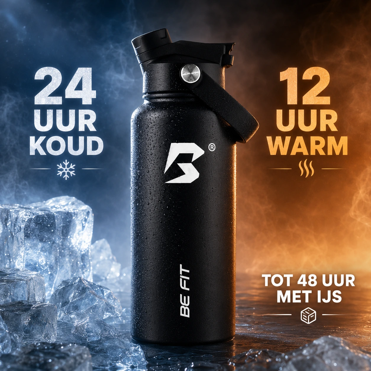 BE FIT SWIGGER™ 1 liter drinkfles in Midnight Black met temperatuurprestatie: 24 uur koud, 12 uur warm en tot 48 uur koud met ijs.