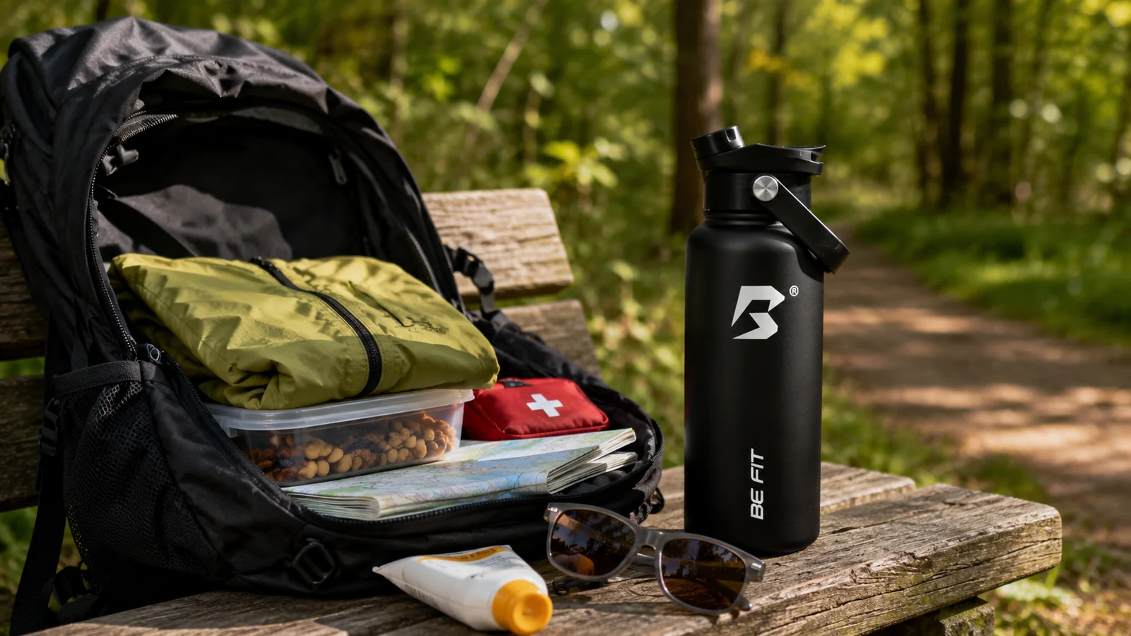 Open wandelrugzak met regenkleding, eten, kaart, EHBO-set en zwarte BE FIT SWIGGER voor een lange wandeling