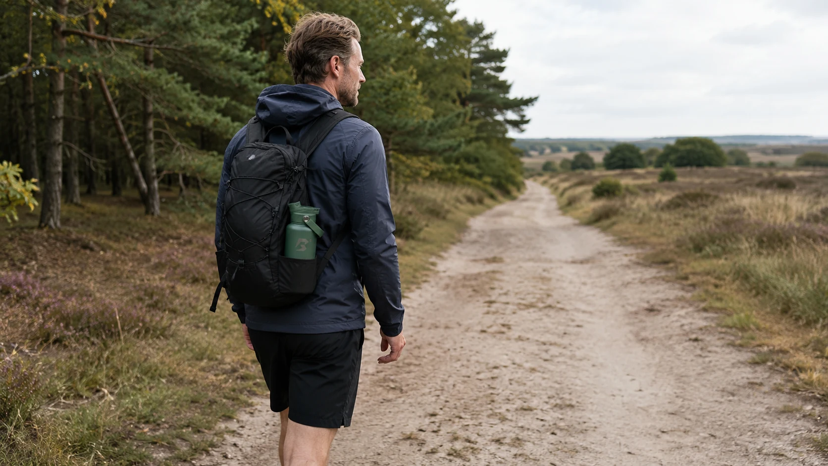 Wandelaar die op een lange Nederlandse route traint met rugzak en sporthorloge.