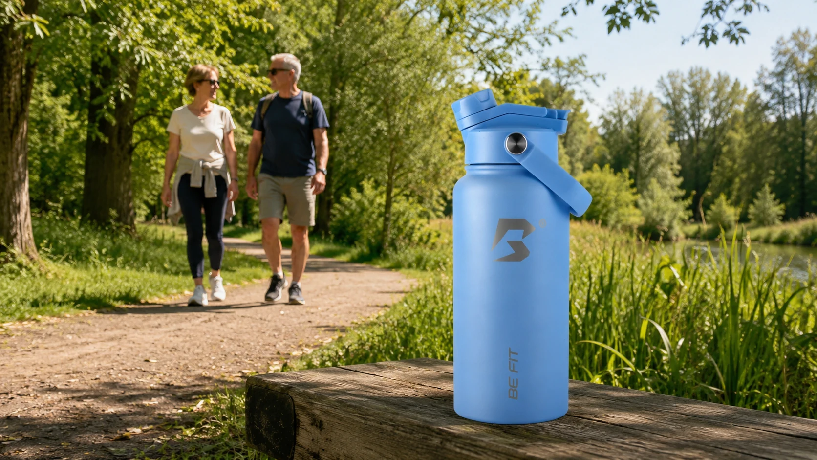 Twee volwassenen die in rustig tempo wandelen door een groen Nederlands natuurgebied.