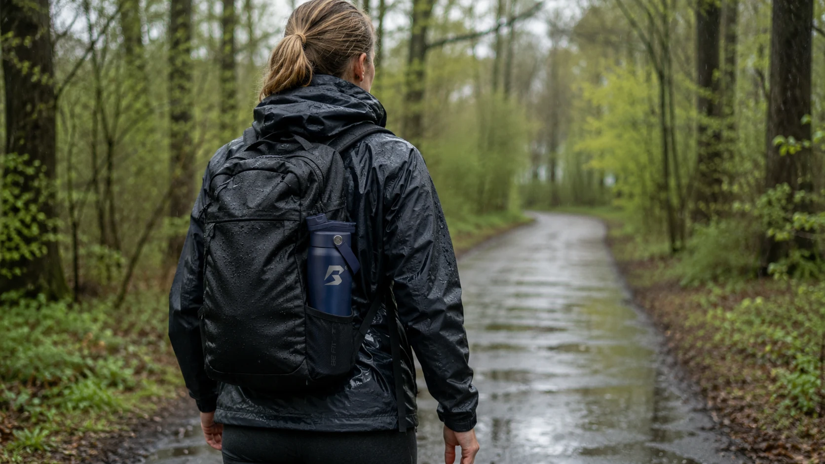 Wandelaar met regenjas op een nat Nederlands bospad tijdens lichte regen.
