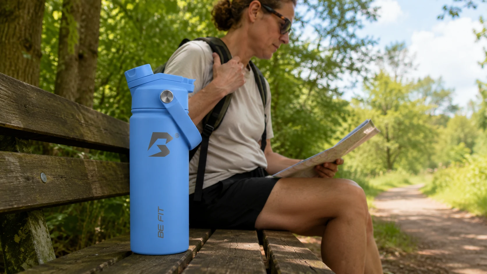Wandelaar met een BE FIT SWIGGER drinkfles tijdens een warme wandeling op een schaduwrijke route.