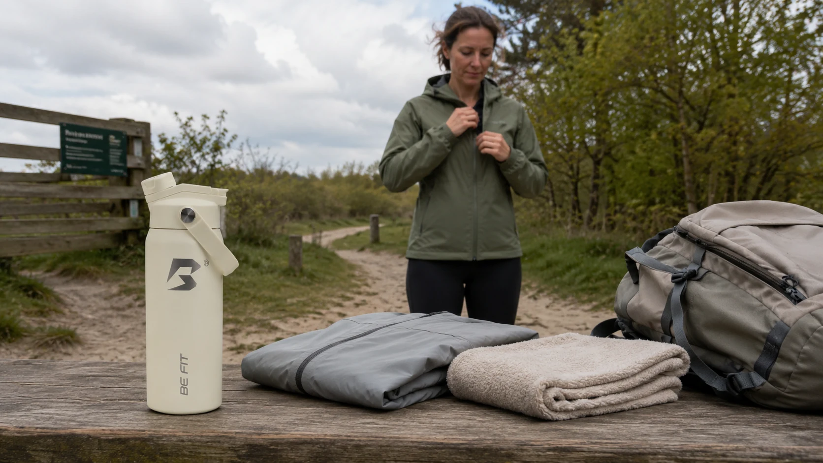 Wandelaar die voor vertrek verschillende kledinglagen controleert bij een Nederlands natuurpad.
