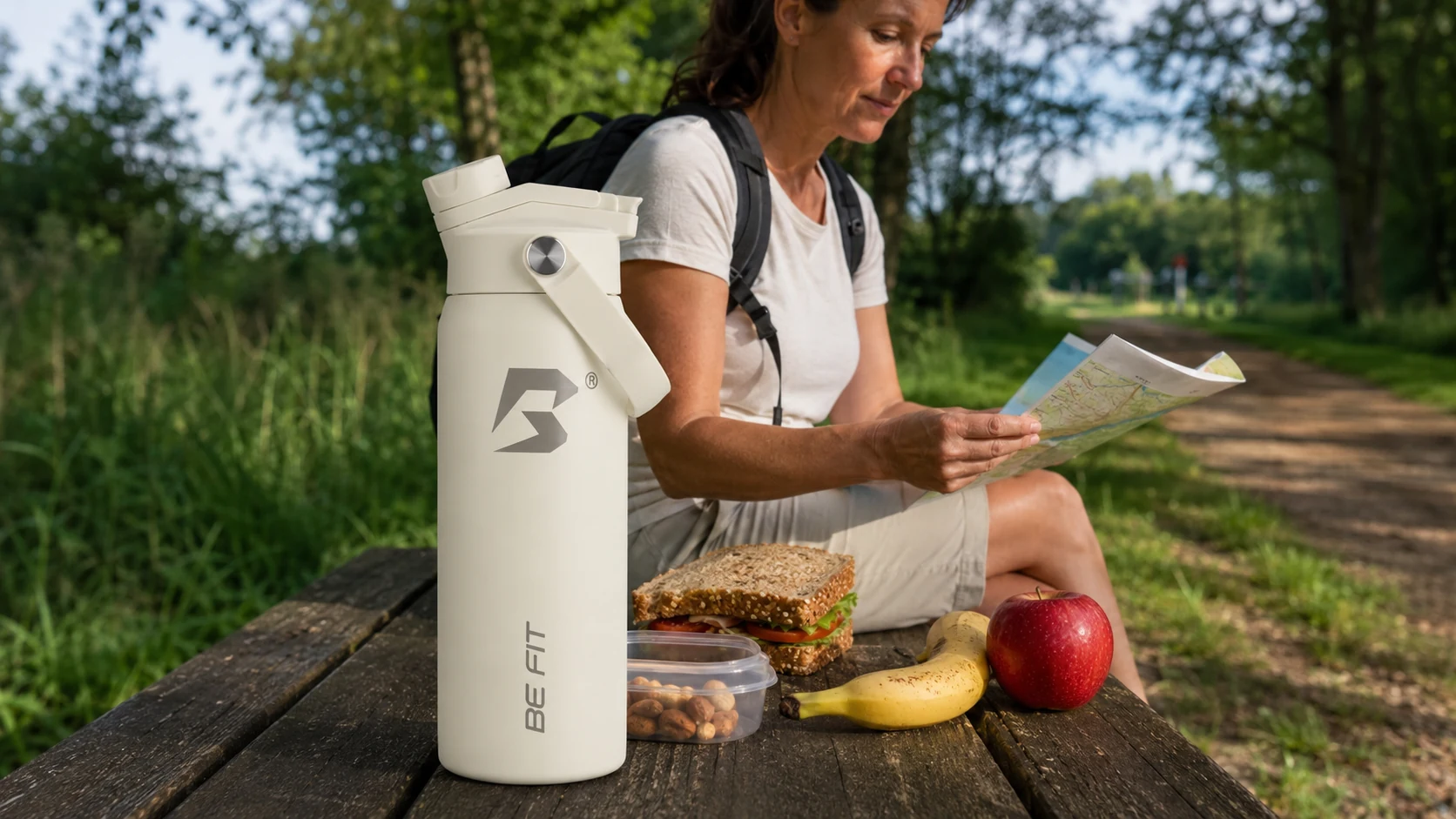 Wandelaar met brood, banaan, gedroogd fruit en een BE FIT SWIGGER waterfles voor een lange wandeling.
