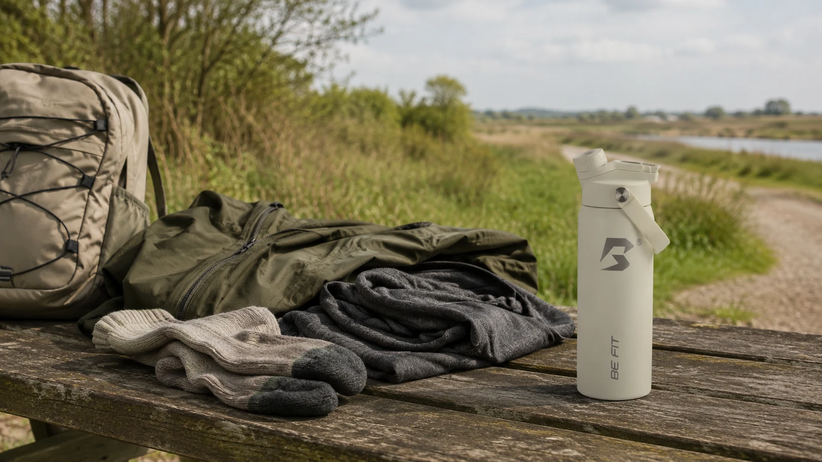 Close-up van een fijn merinowollen ondershirt en wandelsokken naast een rugzak in natuurlijk daglicht.