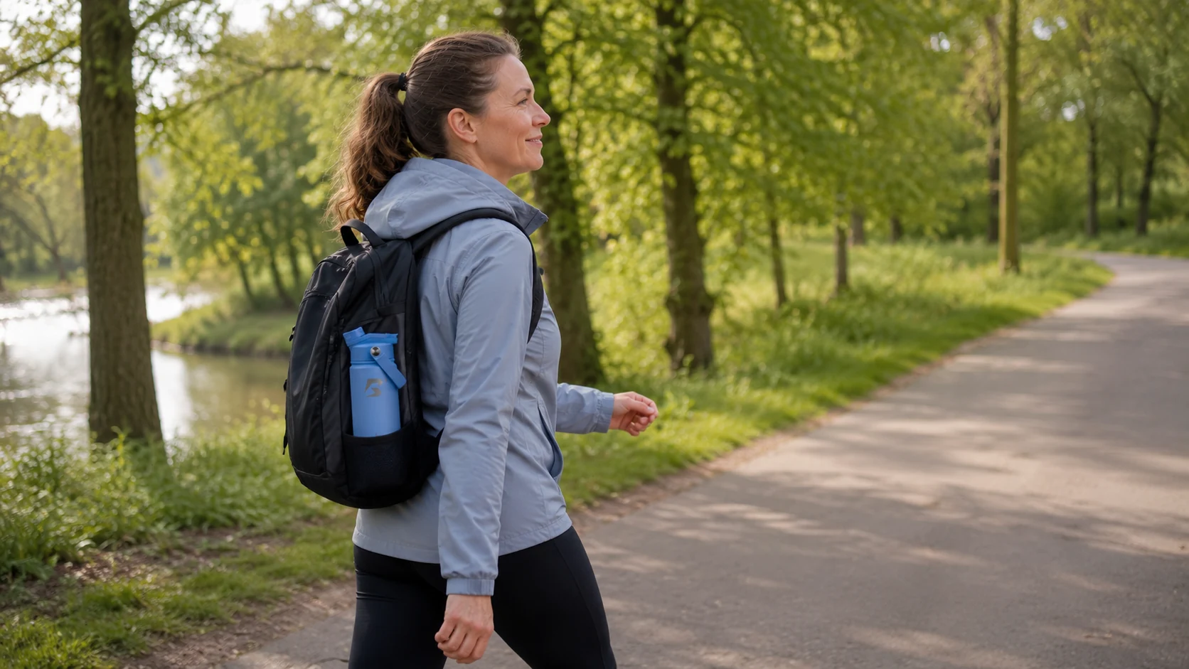Volwassene die met stevig wandeltempo en actieve armbeweging over een Nederlands parkpad loopt.