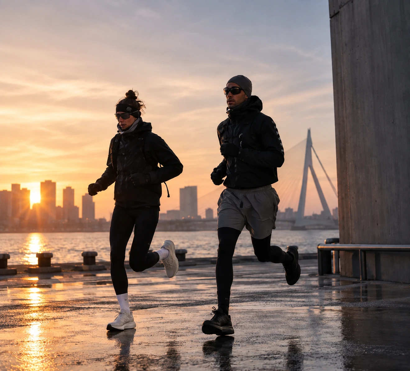 Samen hardlopen bij zonsopkomst aan de Maas in Rotterdam