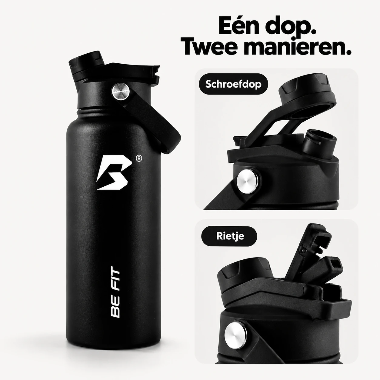 Zwarte SWIGGER met detailbeelden van de schroefdop en het ingebouwde rietje